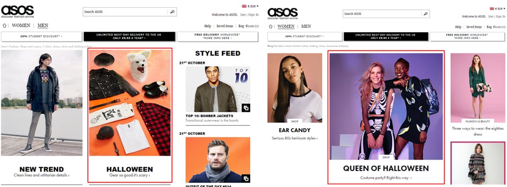 asos - page layout for men and women