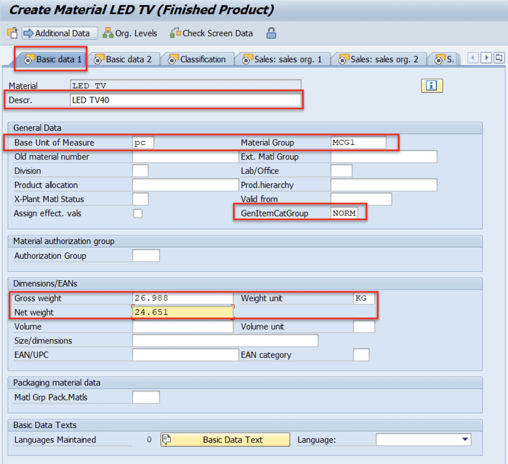 material LED TV product data